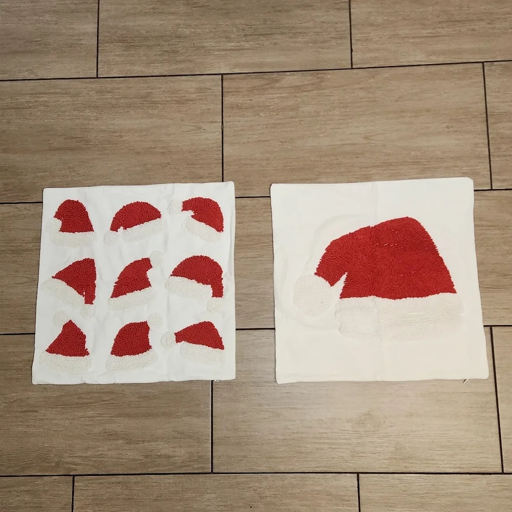 Set of 2 Tufted Santa Hat Pillow Covers Punch Needle Christmas Decor White & Red